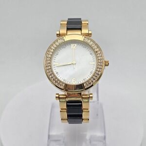 New‎ CHICO'S Ladies Watch Mother of Pearl CZ Encrusted Black Gold Tone Band